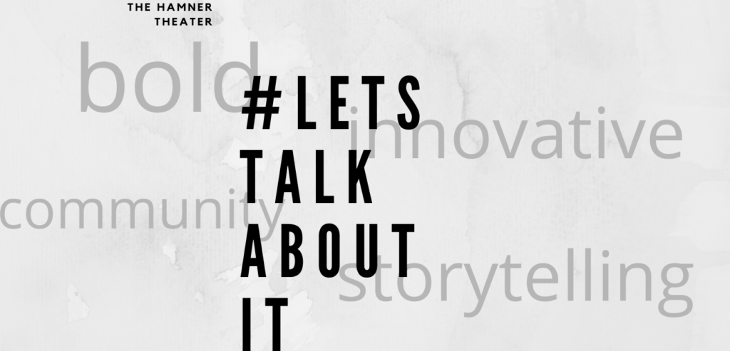 grey background with the words #letstalkaboutit in black and grey words, bold, innovative, community storytelling